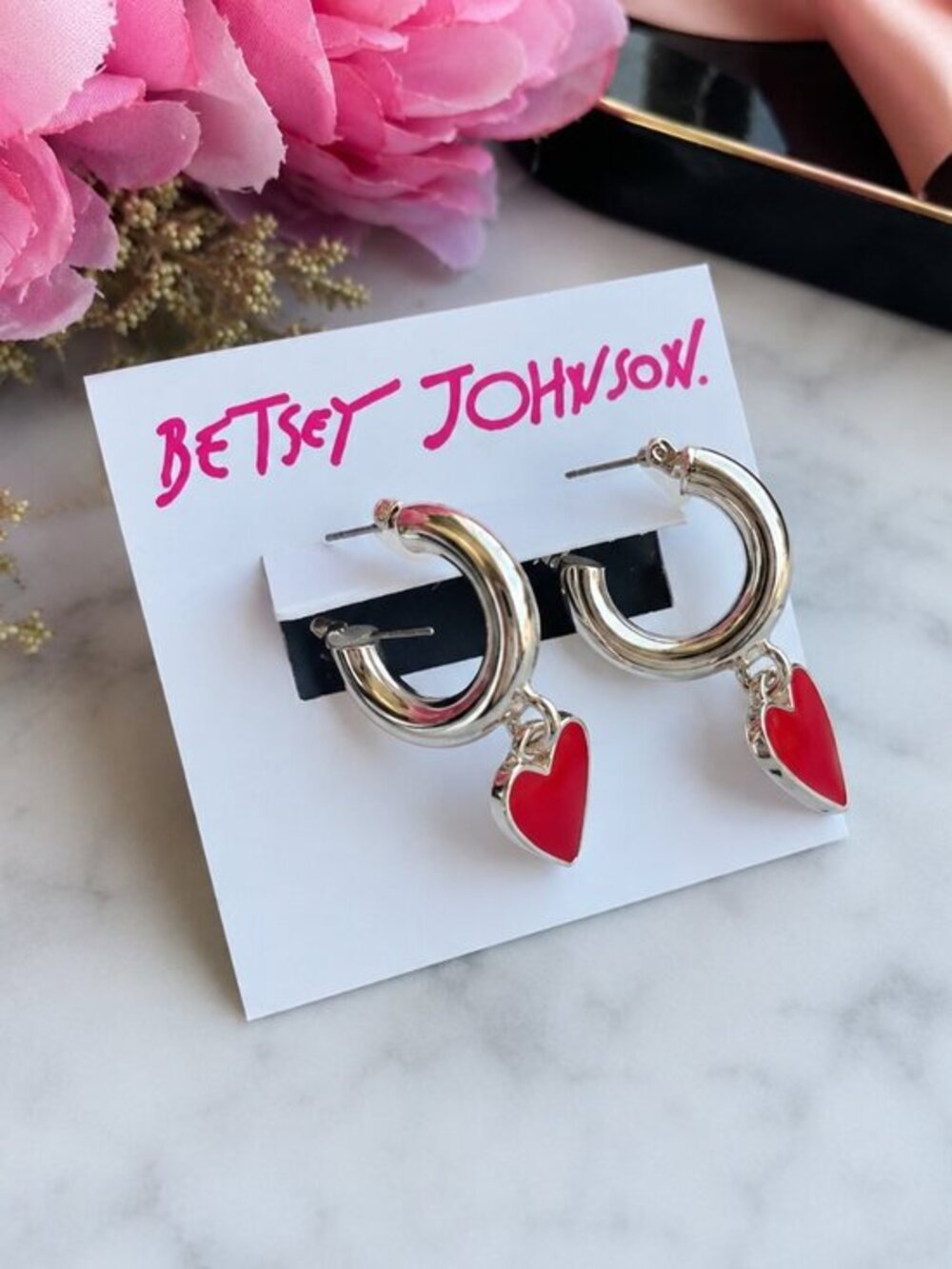 Betsey Johnson Gold Tone Heart Huggie Hoop Earrings Red Heart Drop NWT